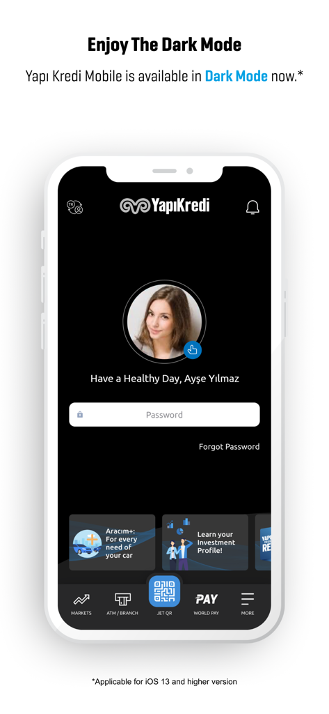 Yapı Kredi Mobile - Anmeldebildschirm der Yapı Kredi Mobile App, der die Dark-Mode-Funktion präsentiert