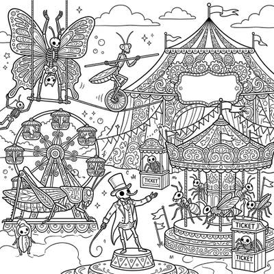 Dive into a uniquely macabre and festive world with this intricate coloring page featuring insect skeletons at a bustling carnival. From trapeze artists to Ferris wheel rides, every detail invites creative expression.