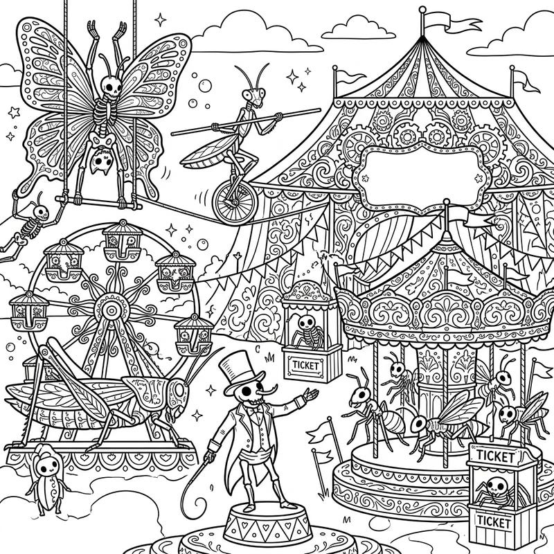 Dive into a uniquely macabre and festive world with this intricate coloring page featuring insect skeletons at a bustling carnival. From trapeze artists to Ferris wheel rides, every detail invites creative expression.