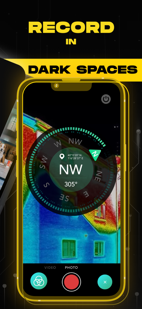 Ear Spy Apps - Super Hearing - Smartphone screen showing the Ear Spy app night vision recording feature with a thermal camera filter and digital compass overlay