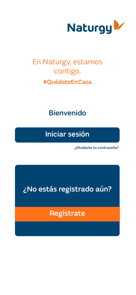 Welcome screen of the Naturgy Contigo app with login and registration options