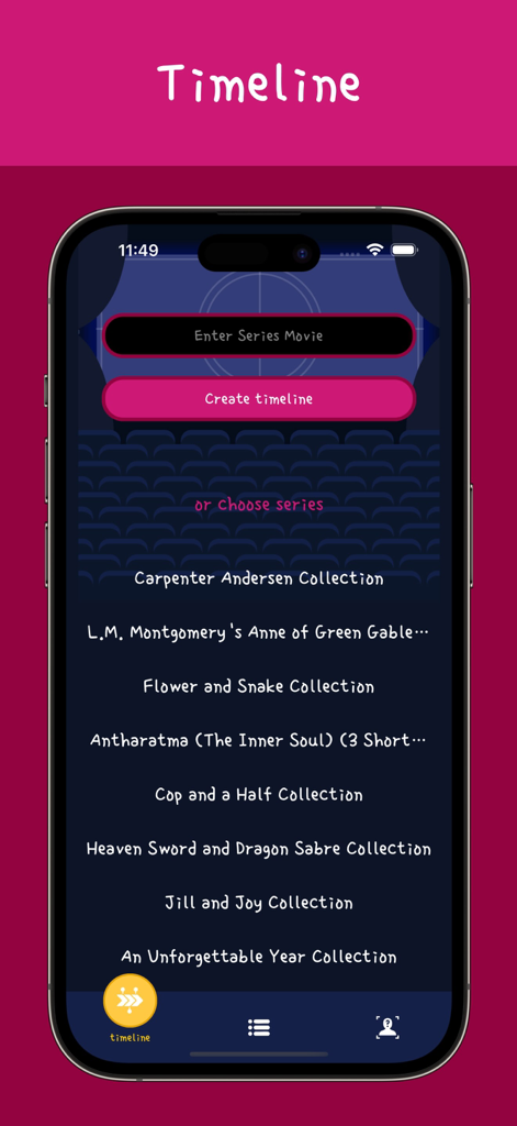 GameBox:Screw Movies Track - Una pantalla móvil que muestra opciones para ingresar una serie de películas y crear una línea temporal personalizada