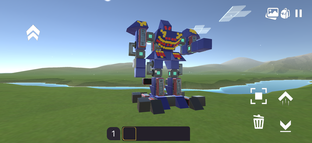 A large blue transformable robot built from blocks standing in a green field in the Evertech Sandbox mobile game