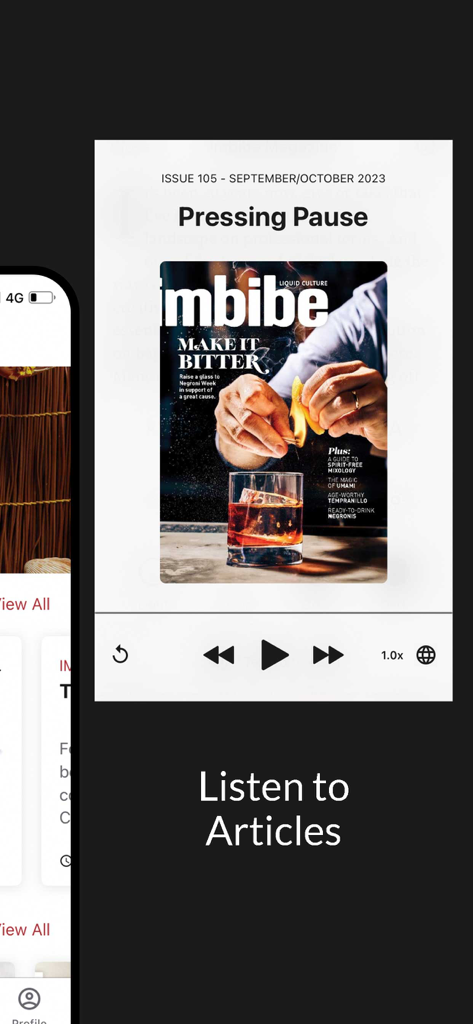 Audio player interface in the Imbibe Magazine app showing the Listen to Articles feature with a cocktail magazine cover.