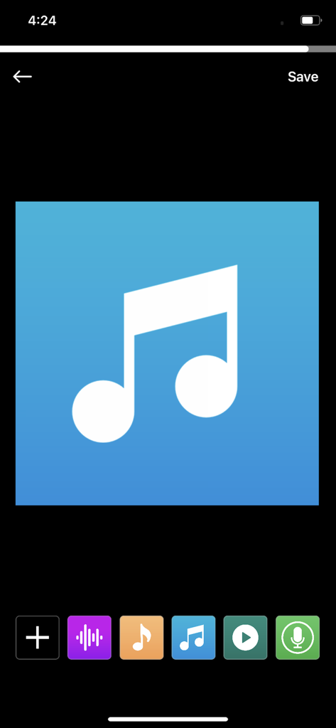 Interfaccia mobile per la creazione di uno stato audio con icona di una nota musicale e vari strumenti di editing