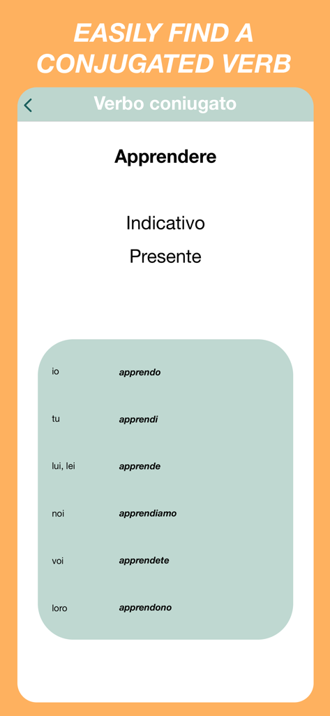 Screenshot of the Italian Verbs Quiz app showing the present indicative conjugation of the verb apprendere.