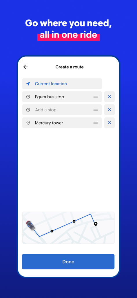 eCabs: Request a Ride - eCabs mobile app interface for creating a ride route with multiple stops in Malta