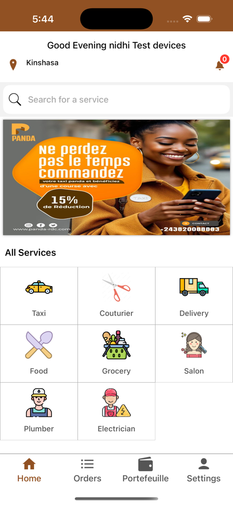 Panda User - Dashboard dell'app mobile Panda User con diversi servizi dal taxi alla riparazione domestica