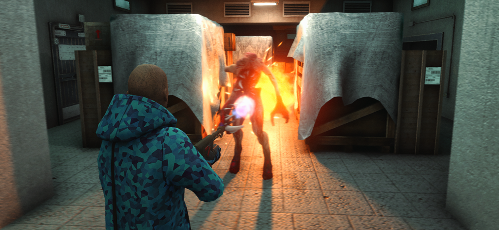 Mimicry: Multiplayer Horror - Spieler schießt auf ein leuchtendes Monster in einem Lagerhaus in Mimicry Multiplayer Horror