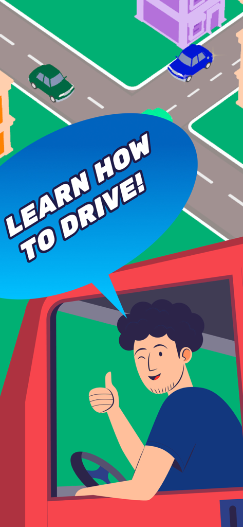 Car Driving-School Simulator - Ein Cartoon-Fahrer gibt mit einer Sprechblase, die 'Learn how to drive' sagt, Daumen hoch