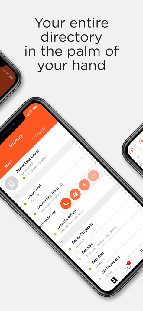 Spoke Phone - Aplicativo móvel Spoke Phone mostrando o diretório da equipe e a lista de contatos