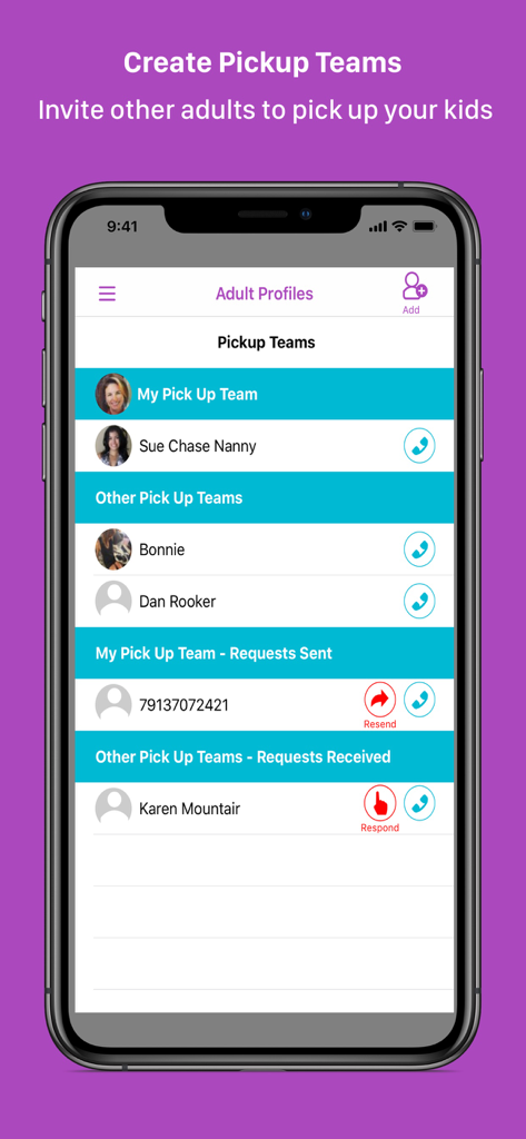 FetchKids app interface showing a list of authorized adults and pickup teams for school dismissal