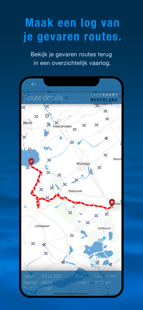 Vaarkaart Nederland - Vaarkaart Nederland App-Oberfläche zeigt eine aufgezeichnete Segelroute auf einer detaillierten Karte der niederländischen Wasserstraßen
