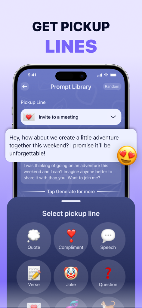 AI Flirt Text Assistant App - A smartphone screen displaying the prompt library and pickup line categories of the AI Flirt Text Assistant app.
