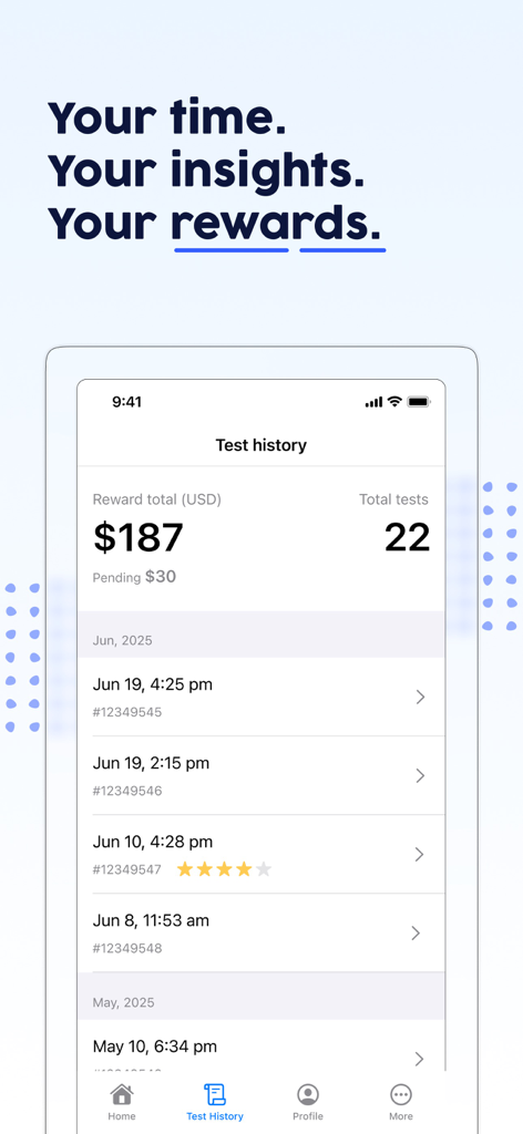 Interface mobile de l'application UserTesting montrant l'historique des tests de l'utilisateur avec les récompenses totales gagnées et une liste des tests terminés.