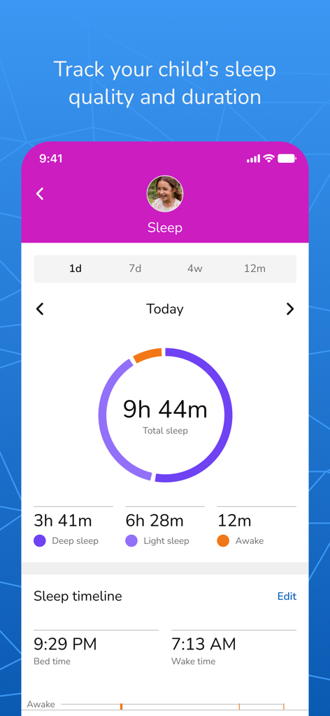 A mobile app screen from Garmin Jr. showing child sleep tracking metrics including total sleep time and quality