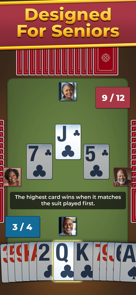 Spades For Seniors: Card Game - Tela de jogo de Spades Para Idosos com cartas grandes de alto contraste e avatares de jogadores idosos em uma mesa verde