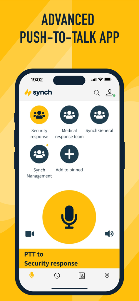 Synch Push To Talk (PTT) - Interfaz de la aplicación móvil Synch Push To Talk con botón de micrófono e íconos de comunicación grupal