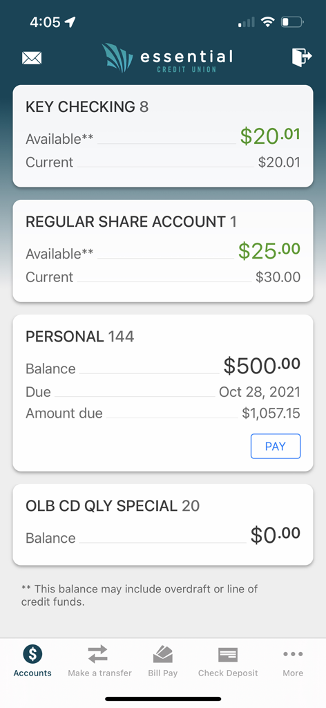 Dashboard der Essential Credit Union Mobile-Banking-App, das Guthaben von Giro- und Sparkonten anzeigt