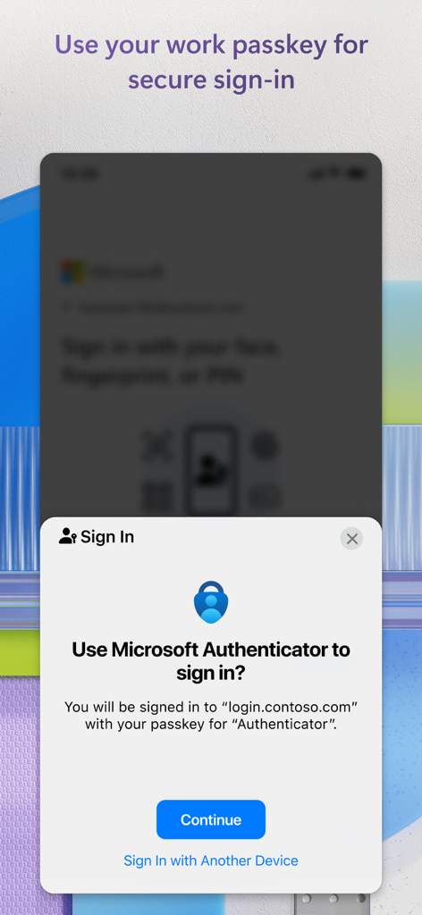 A mobile screen showing a sign-in prompt in the Microsoft Authenticator app to use a work passkey for secure access.