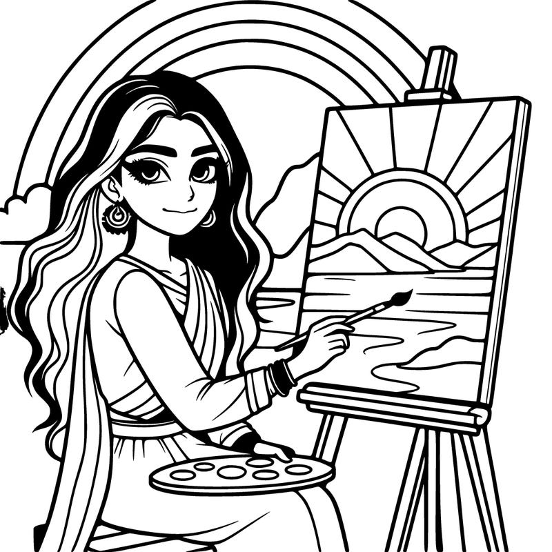 a realstic girl painting on a canvas with a pretty rainbow or sunset behind her in the background realistic