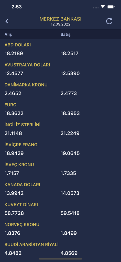 Aplicativo Sağlamoğlu Altın mostrando taxas de câmbio do Banco Central para USD, Euro e outras moedas globais.