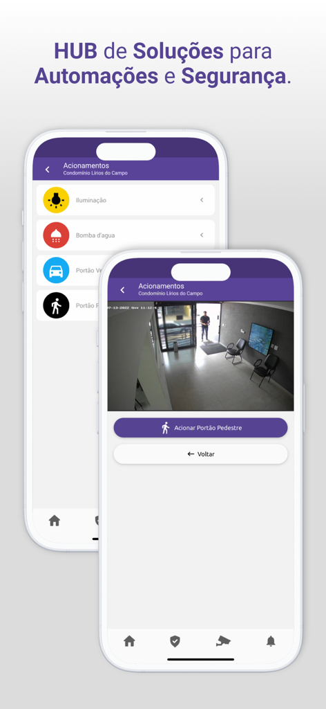 Condfy mobile app interface displaying home automation controls and a live security camera feed for remote gate access.