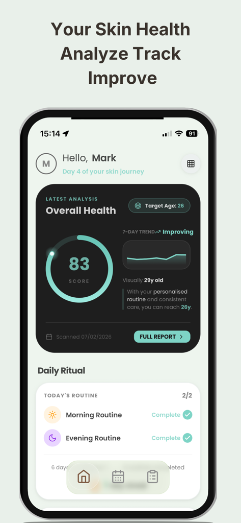 Glow AI mobile app dashboard showing a skin health score of 83 and completed daily skincare routines
