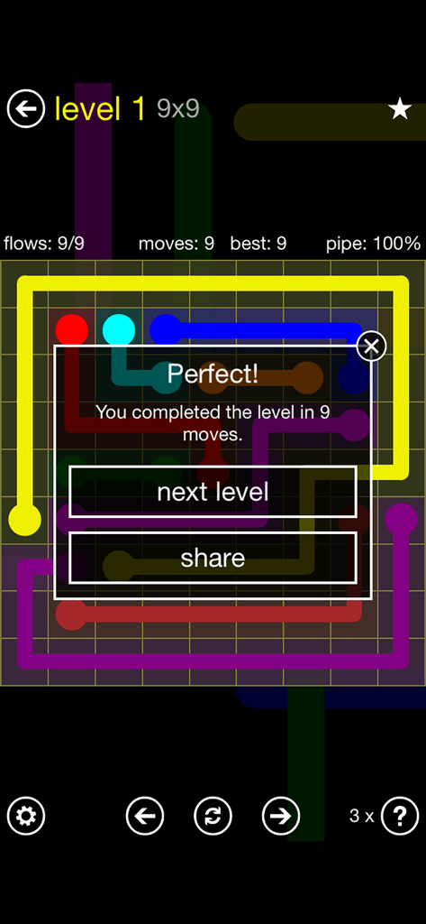 Captura de pantalla del juego Flow Free mostrando un puzzle completado de 9x9 con un pop-up de puntuación perfecta