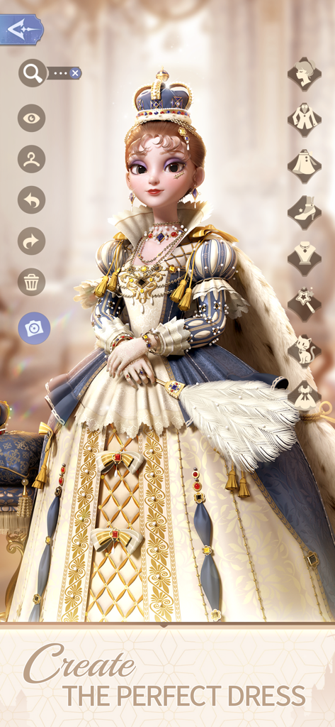 Time Princess: Pearl Girl - Tela de personalização de personagem apresentando uma princesa 3D em um vestido histórico elaborado