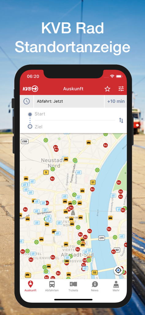 Map view in the KVB app showing available rental bikes and car-sharing vehicles in Cologne