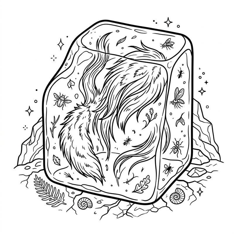 Unearth the secrets of ancient life with this captivating coloring page featuring mammal fur preserved in amber. Dive into a prehistoric world filled with intricate details, from tiny insects to fossilized plants, waiting for your creative touch.