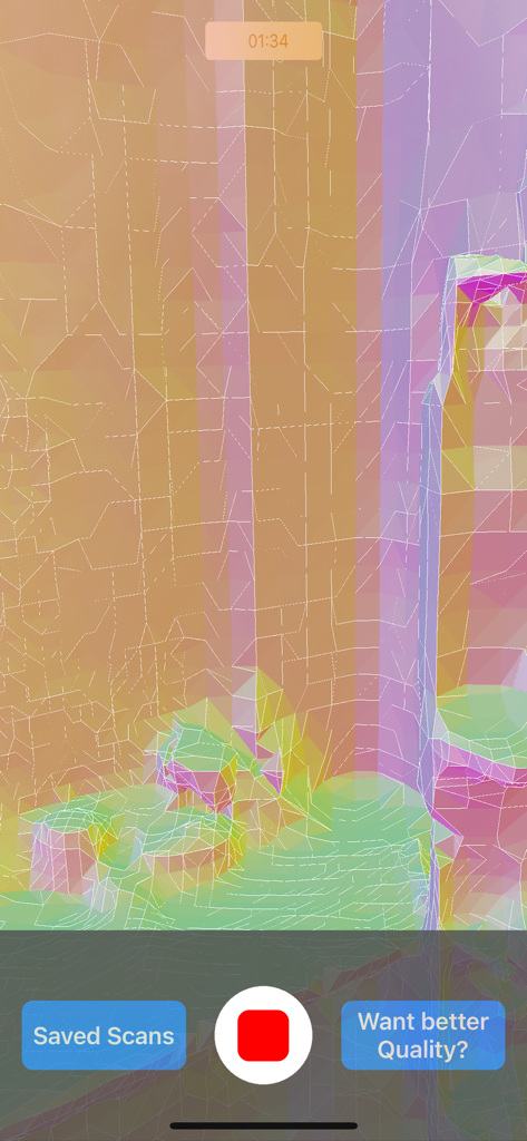 Interface of the LiDAR Scanner 3D app showing a colorful wireframe mesh during a live scan