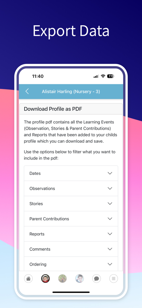 Interface for exporting a child's learning profile to PDF in the ParentZone app