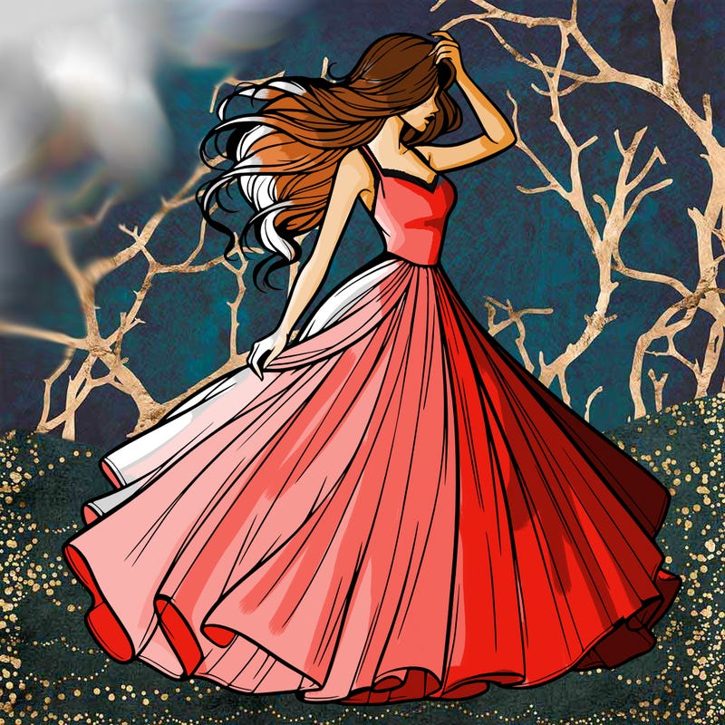 realistic woman with dress flowing in the wind