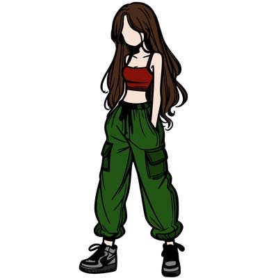 girl in baggy pants crop top and long hair