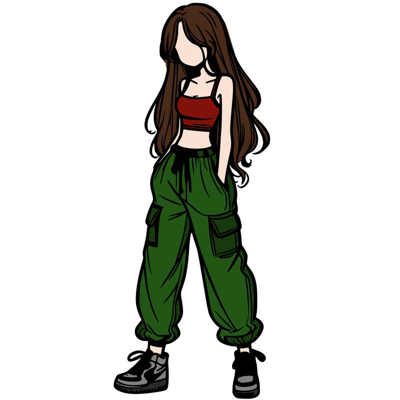 girl in baggy pants crop top and long hair
