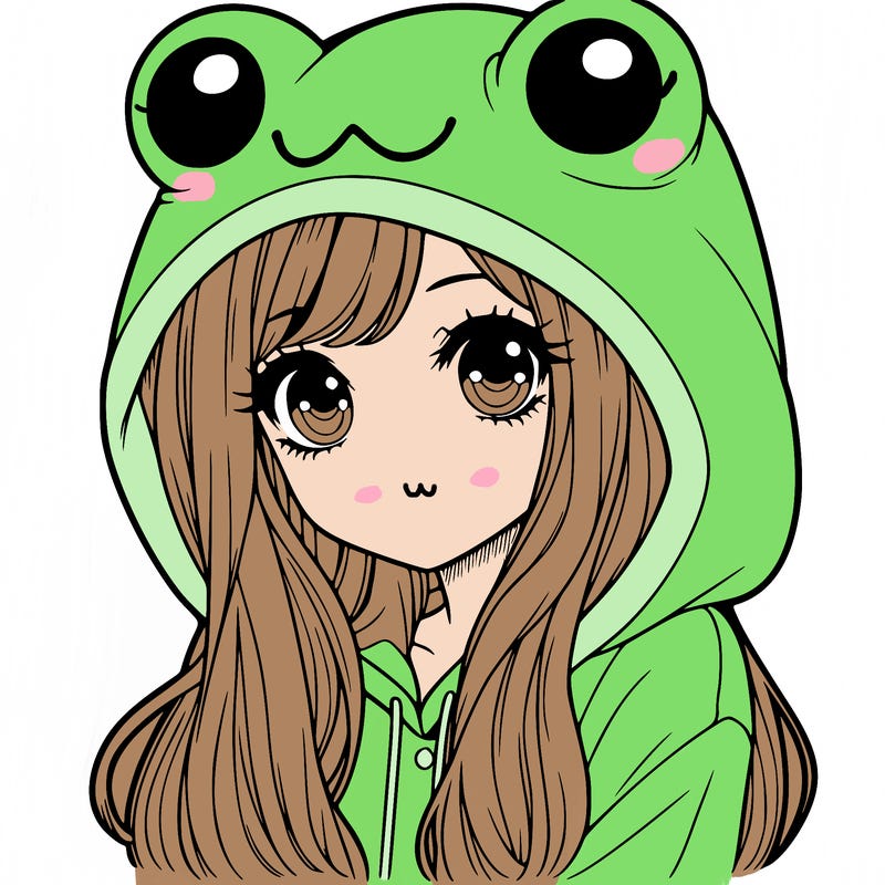 a pretty girl wearing a frog hoodie portrait with long hair