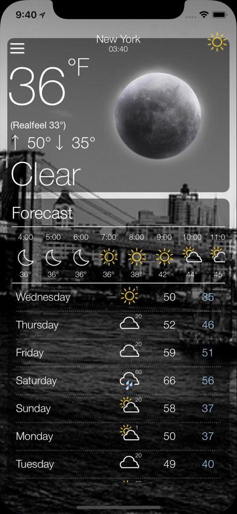Minimalist weather app interface showing current conditions and weekly forecast for New York