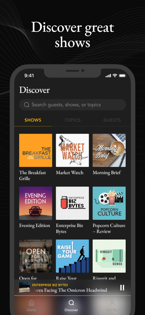 BFM Business Radio - BFM Business Radio app Discover screen showing a grid of various business and finance podcast titles