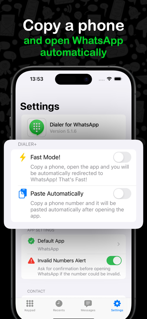 WhatsApp用ダイアラーアプリ設定のスクリーンショット。クイックメッセージングのための高速モードと自動ペーストオプションが表示されます。