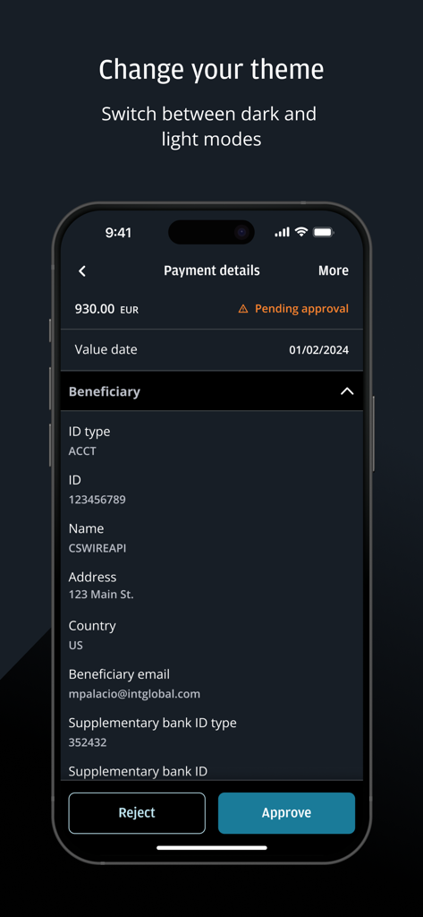 J.P. Morgan Access - J.P. Morgan Access app payment details screen showing an approve button in dark mode