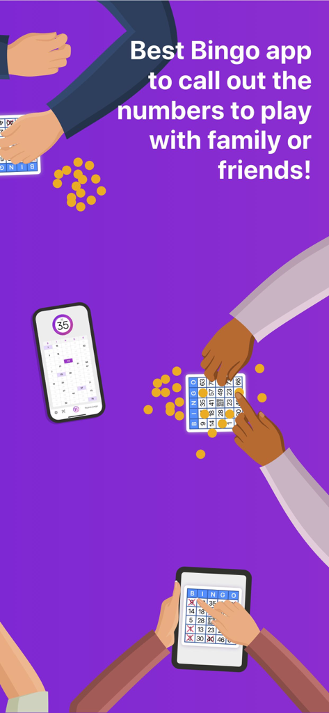 bingo!! - Top down view of family members playing bingo together using a smartphone app as a number caller and digital cards on an iPad.