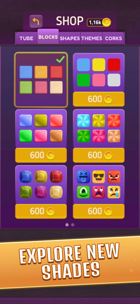 Block King Puzzle - The in-game shop of Block King Puzzle featuring different block styles like gems and emojis