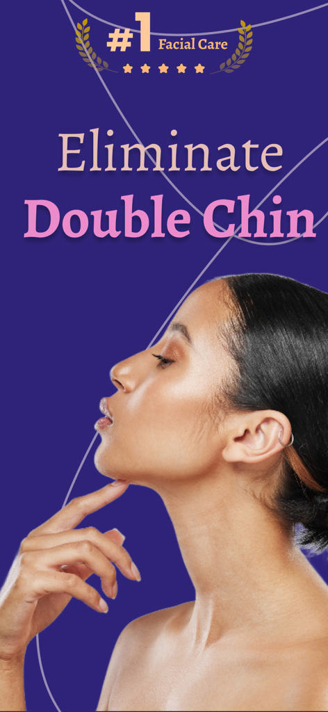 A woman demonstrating jawline sculpting with the text Eliminate Double Chin on a purple background.