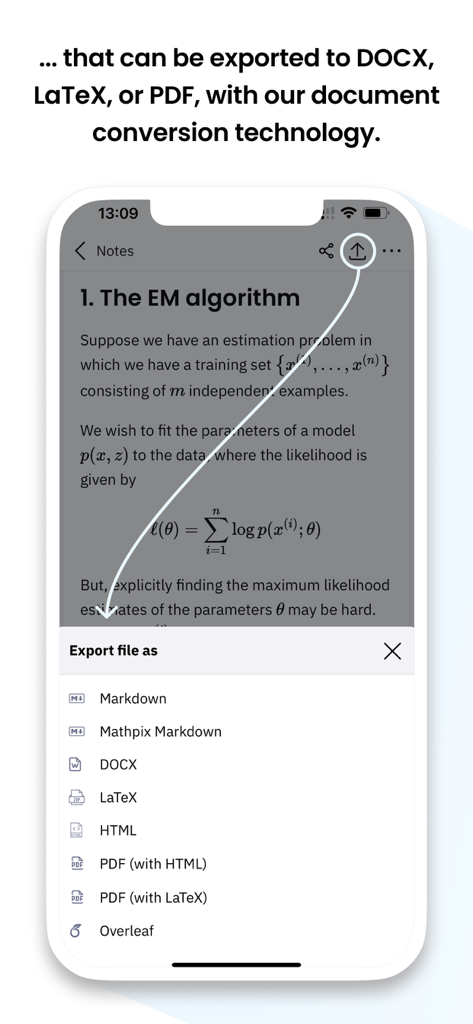 Mathpix Snip app showing export options for mathematical documents including LaTeX and PDF formats