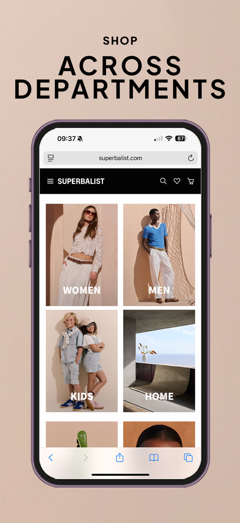 Superbalist | Fashion App - Interface de l'application Superbalist montrant les départements de shopping pour Femmes Hommes Enfants et Maison