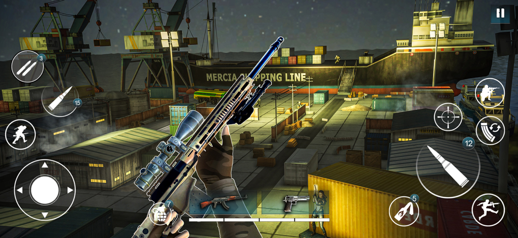 Freedom Strike: Offline Games - First-person shooter gameplay in Freedom Strike showing a sniper rifle in a shipping port at night