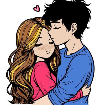 a realistic couple boy and girl hugging and kissing