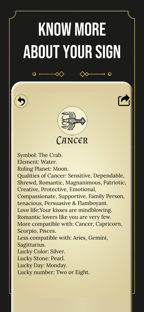 Detailed astrological profile for the Cancer zodiac sign showing personality traits and compatibility
